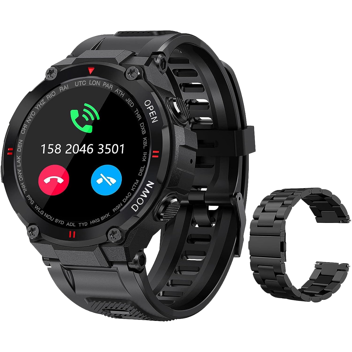 Military Smartwatch Adult Outdoor Waterproof Tactical Smart Watch 1.3 Inch HD Touch Screen Bluetooth Talk Speaker Fitness Tracker Compatible with iPhone Samsung (Black + Extra Stainless Steel Strap) Military Smartwatch Adult Outdoor Waterproof Tactical Smart Watch 1.3 Inch HD Touch Screen Bluetooth Talk Speaker Fitness Tracker Compatible with iPhone Samsung (Black + Extra Stainless Steel Strap)